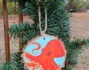 Octopus Hand painted wood slice ornament