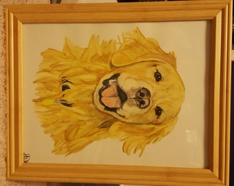Watercolor Pencil Golden Retriever Painting or Print
