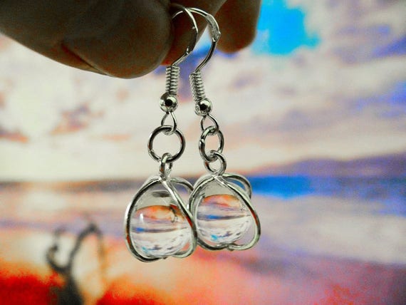 Quartz Gypsy Magic Floating Crystal Ball Sterling Silver .925 Earrings Clear Crystal Boho Hippie Wicca Pagan Full Moon Earring Cage