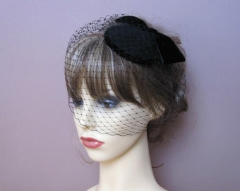 Black funeral hat felt fascinator birdcage veil 50's 60's vintage style headpiece evening cocktail formal hat