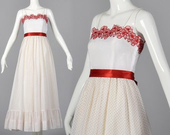 XS 1970s Polka Dot Prom Dress Long Evening Gown Bohemian Boho Maxi Dress Sleeveless Full Skirt Prom 70s Vintage