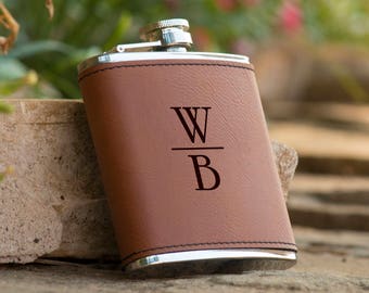 Personalized 6 oz. Initials Leatherette Stainless Steel Flask - Groomsman Flask - Personalized Flask - Brown Flask - Flask Gift