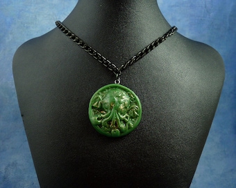 Green Small Cthulhu Cameo Necklace with Chain, Polymer Clay Lovecraft Jewelry