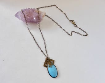 Repurposed Vintage 1930's Pierced Light Blue Oval Glass Pendant Brass Necklace