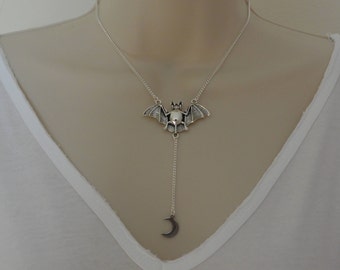 Silver Bat And Moon Necklace, Bat Over The Moon Pendant, Bat Necklace, Gothic Jewellery, Moon Necklace, Statement Necklace