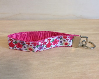 White with pink flowers key ring wristlet - pink flowers key fob wristlet - key ring - flower key fob