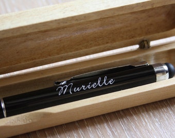 Personalized pen in metal, unique birthday gift, custom original present, name surname laser engraved in France, wooden case, black color