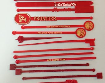 Vintage Swizzle Sticks x 15 Lot of Red Plastic Drink Stir