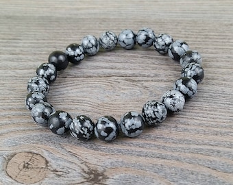 Snowflake obsidian and black tourmaline - gemstone 8mm and 10mm rainbow moonstone