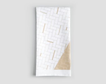 White and Sand Modern Weave Pattern Linen Tea Towel | Dish Towel | Kitchen Hand Towel | Line Pattern Towel | Gifts for Her | Wedding Gift
