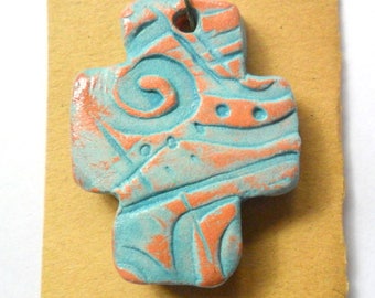 Distressed Turquoise Glazed Terra Cotta Little Cross Pendant Finding
