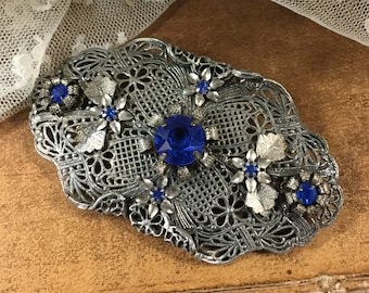 Bold Victorian Revival Sapphire Blue Rhinestone Brooch Pin Silver Tone Filagree Large Prong Set Romantic Oval Garden Trellis Flowers Floral