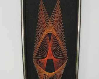 Geometric STRING Art, Orange, Black Felt Backing, 19" x 10" x 1.5", Wall Hanging, Framed, Dated 1975, Vintage