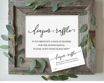 Printable Diaper Raffle Kit, Baby Shower Games, DIY Diaper Raffle Ticket and Sign, Instant Download, Calligraphy Heart, Digital PDF #015DR