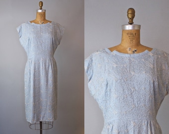 1950s Blue Embroidered Dress / 1950s Dress / 50s Blue Dress