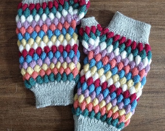 Harlequin Mitts, handknit pastel rainbow fingerless gloves