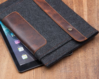 Dark Felt iPad mini 4 case with leather Pocket and button closure. Leather Cover for iPad Mini 1 2 3 4. iPad Mini Sleeve with leather