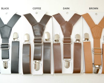We SHIP FAST Wedding Vintage / Coffee Rustic Brown / Dark Brown / Black Wide Pu Leather Suspenders Kids Boys Mens Groom Page Boy 8mo - ADULT