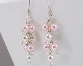 Soft Pink Earrings • Cream Pearl Cluster Earrings • Swarovski Earrings • Sterling Silver Filled • Dangle Earrings •