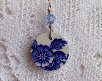 Broken China Jewelry - Blue and White Circle Pendant