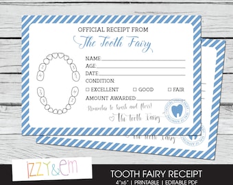 Tooth Fairy Note - Boys Tooth Fairy Receipt - Printable Tooth Fairy Report - Lost Tooth Records - Tooth Fairy Certificate - Instant Download