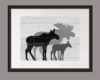 Gray Moose Wall Art, Gray Moose Family Art Print, Distressed Wood, Cabin Decor, Lodge Art Print, Rustic Moose Family Print, Barnwood print
