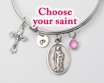Confirmation Gift for Girls or Women - Choose Your Catholic Saint - Personalized Adjustable Bangle Bracelet - Stainless Steel Expandable