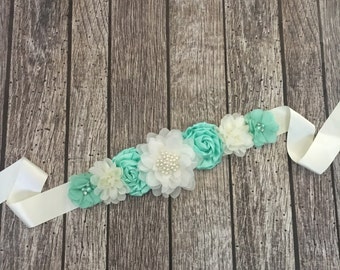 Maternity sash, mint maternity sash, ivory maternity sash, ivory and mint maternity sash, baby shower sash, maternity photo sash