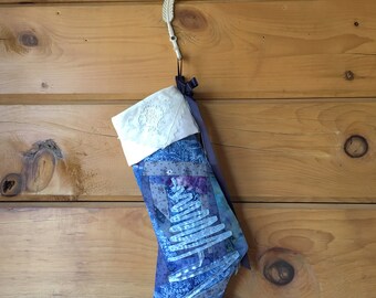 Unique hand-quilted crazy quilt style Christmas stocking