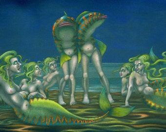 Original weird reverse-mermaid painting: 'Maidmers on the Beach'- strange art by Nancy Farmer (unframed)