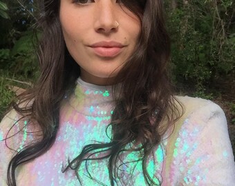 BURNING MAN costume Glastonbury Splendour Festival fashion costume rave rainbow holographic sequin bodysuit custom & embellished