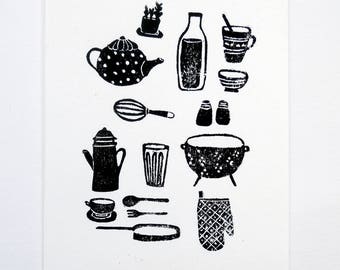 In the Kitchen - linocut black and white