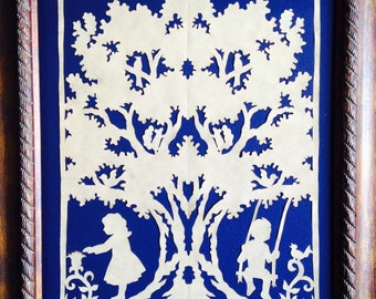 PAPER CUT Under the Oak, ORIGINAL Art Handmade Scherenschnitte, fits 8 x 10" frame