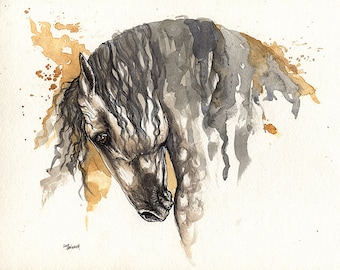 Grey andalusian horse, equine art, equestrian portrait, original ink and watercolors painting on paper