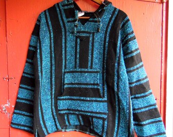 80s/90s Turquoise Storm Acrylic Drug Rug Stoner Hippie Hoodie Unisex Pullover Sweater M