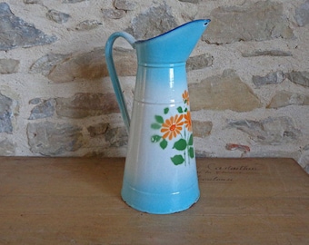 Blue and white enamel pitcher with hand painted flowers, tall vintage French enamelware jug, French country home decor