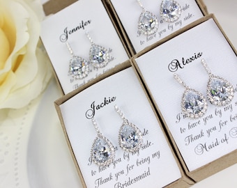 Bridesmaid Gift Crystal Cubic Zirconia Pear Drop Earrings Bridesmaid Jewelry Bridal Party Wedding Gift FREE Personalized Card!