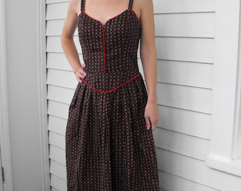 Lanz Dress Black Print Floral Vintage Boho Prairie Summer Sundress 70s S