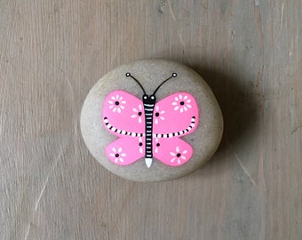 Pink Butterfly - Painted Stone - Animal Illustration, Insect - Beach Pebble, Rock Art - by Natasha Newton