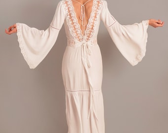Rustic wedding dress, bell sleeves, boho wedding dress, long sleeve dress, unconventional dress, alternative wedding dress, square neckline
