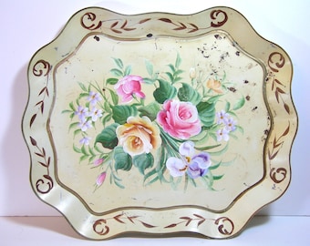 Vintage Cream Shabby Tole Tray, Very Large Tole Tray