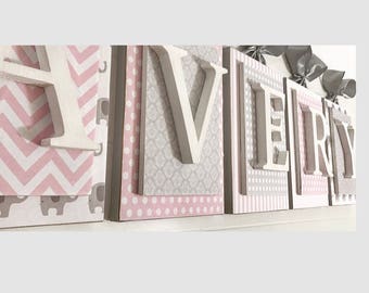 Pink and Gray Elephant, Girls Elephant Decor, Name sign for girls nursery, Elephant themed nursery, Elephant Nursery Letters, Girl name sign