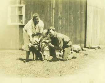 A Toddler And A Turkey Farm Family At Barn Mother Father Baby Antique Vintage Black and White Photo Photograph