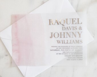 Davis Invitation Suite | Translucent Vellum with Rose Gold Foil + Blush Pink Watercolor Splash {customizable}