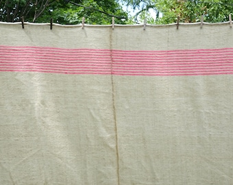 Vintage Wool Throw Blanket - Woven Wool Blanket - French Canadian Blanket - BEIGE with PINK Stripes - 73 in. X 87 in.