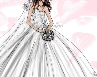 Custom Bridal Fashion Illustration, bride personalized sketch, wedding gown sketch, wedding gifts, Gifts for brides, Custom Gifts for her