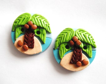 Button Twin Coconut Palms handmade polymer clay buttons ( 2 )