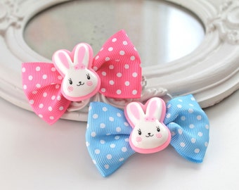SALE 40% Last pair Hair Clips set of 2 kawaii fairy kei lolita accessory white bunny rabbit kanzashi PINK blue