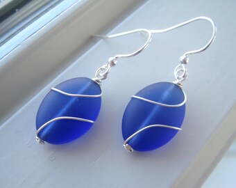 Sea Glass Earrings - Cultured Sea Glass Jewelry - Cobalt Blue Earrings - Wire Wrapped Earrings - Oval Earrings - Wire Wrapped Jewelry