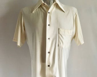 Vintage Men's 70's Disco, Pearl White, Shirt, Short Sleeve, Button Down by Van Heusen (L)
